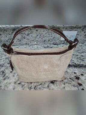 Coach Hamptons Suede Demi Handbag Tan Suede Brown Leather Accents Vintage